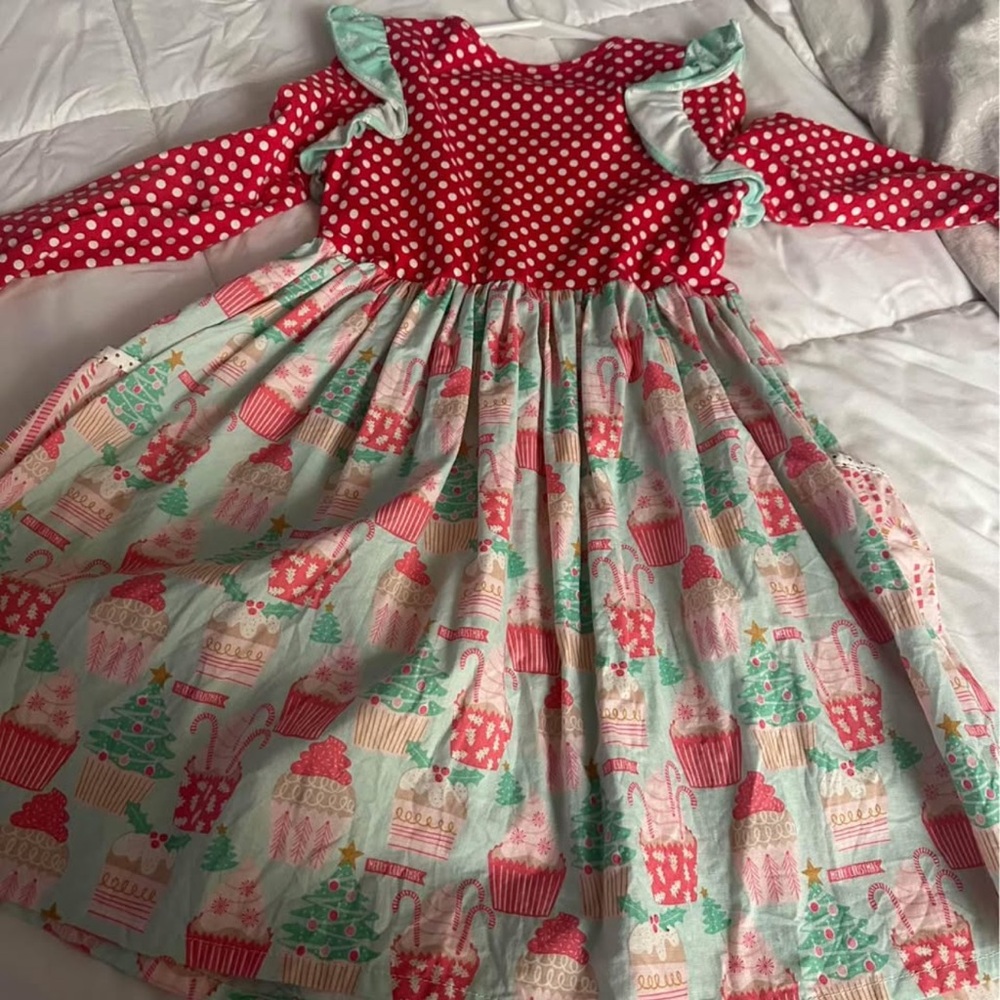 Flowermill handmade Red and Mint Polka Dot and Christmas Cupcake Dress size 8